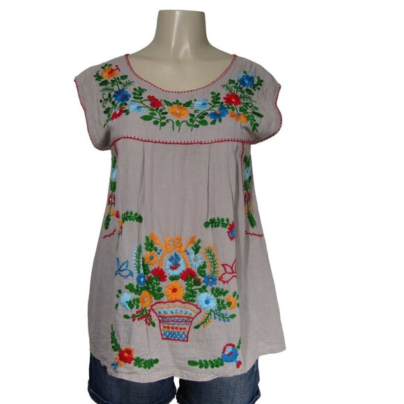 VTG EMBROIDERED Floral M Boho Hippie Festival Peasant Gypsy Fairy Folk Gauze Top - Picture 1 of 10